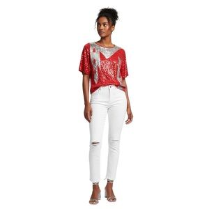 Size S/M Vintage Womens Sequins Top Red Silver Formal Maximalism Valentines Day